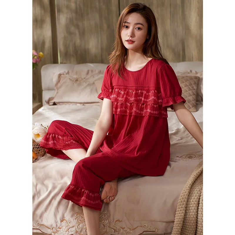 Lace O-Neck Casual Homewear Wedding Festive Red Pyjamas Female Cotton Sleepwear Women Pajamas Set Short Sleeve Pijama 2 Pcs/Set