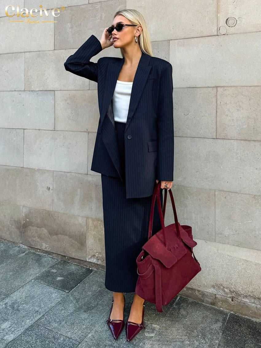 Clacive Fashion Loose Blue Stripe 2 Piece Set Women Outfit 2025 Elegant Long Sleeve Blazer With High Waist Long Skirt Set Female