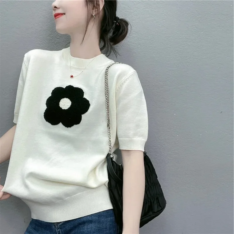 Pulôveres de manga curta femininos de malha floral suéteres verão solto novo nicho temperamento ol aconchegante moda ulzzang all-match topos