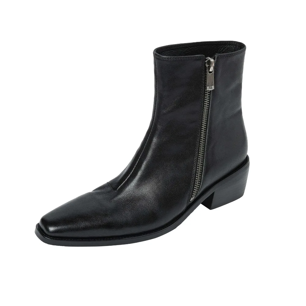2026 Cow Skin Square Toe High Heels Zipper Motorcycle Boots Keep Warm Winter Shoes Retro Concise Superstar Ankle Boots