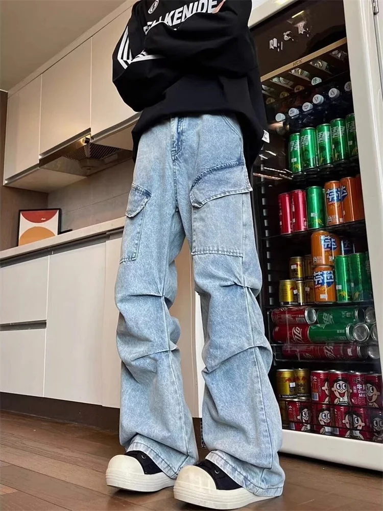 

American Sle Waed Denim Workwear Pants Men's Wide Leg Micro Flared Wrinkle Design Casual Trousers Spring Trendy Jeans