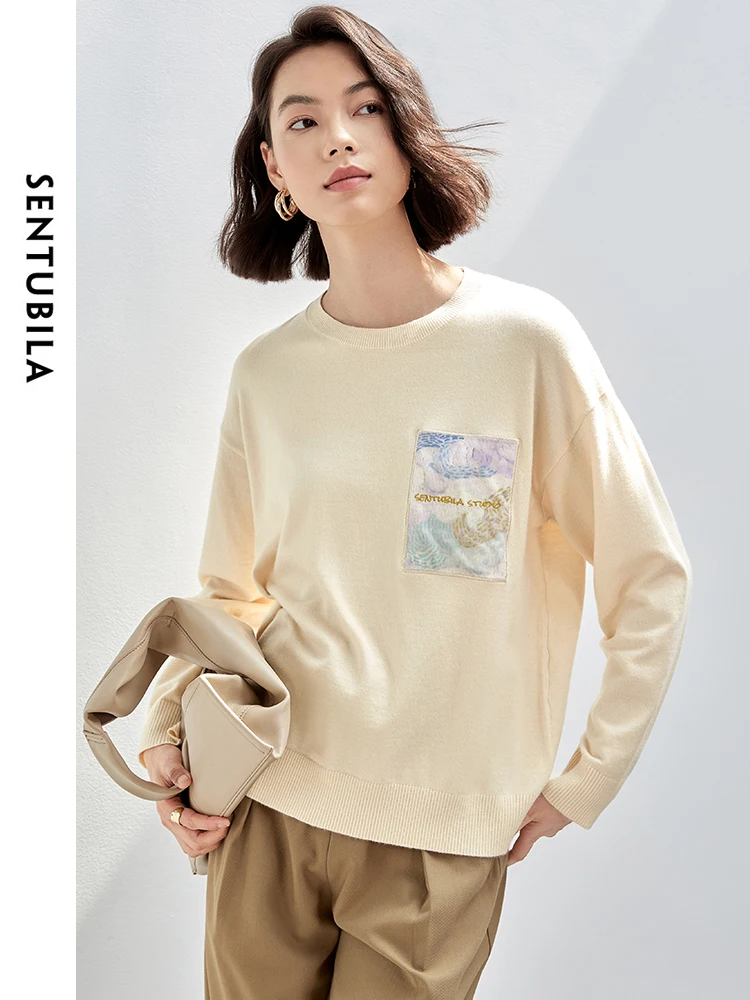 SENTUBILA Pittura A Olio Incollaggio Panno Maglia Pullover per Le Donne 2024 Autunno Casual Allentato Ricamo Semplice Donne Top W43H56595