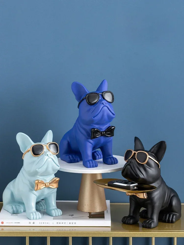 Modern cool sunglasses French bulldog sculpture Key storage tray ornaments Home decor Bulldog resin sculpture Coin storage Tank