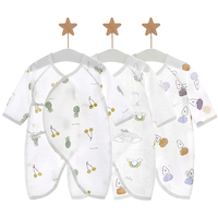 Newborn Baby Bodysuit Lightweight Breathable 100% Cotton Summer Long Sleeve Side Snaps Romper Oblique Front Belly Protection 0-6