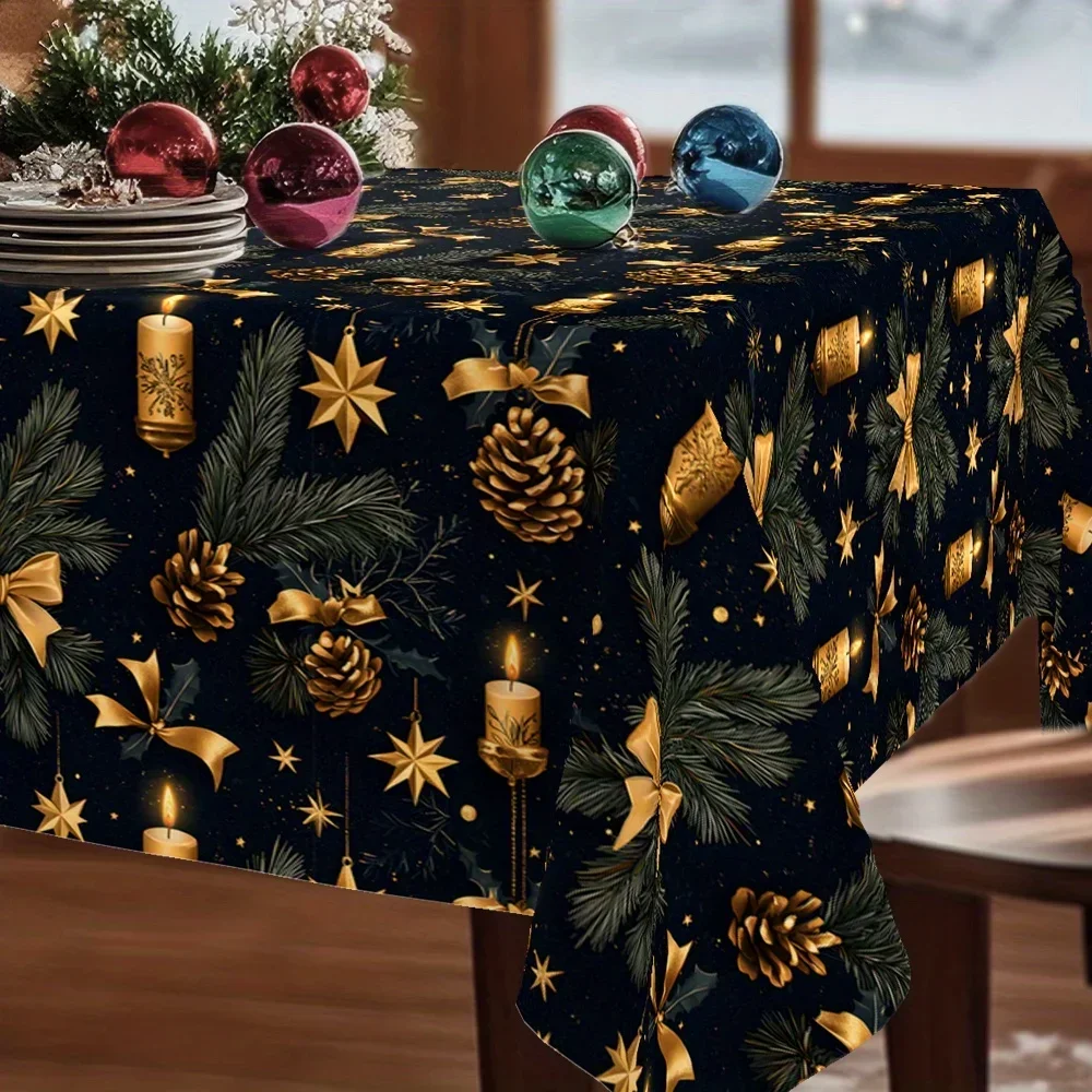 One Christmas winter tablecloth, with black decorations featuring pinecones, green leaves, stars and candles patternsxzj