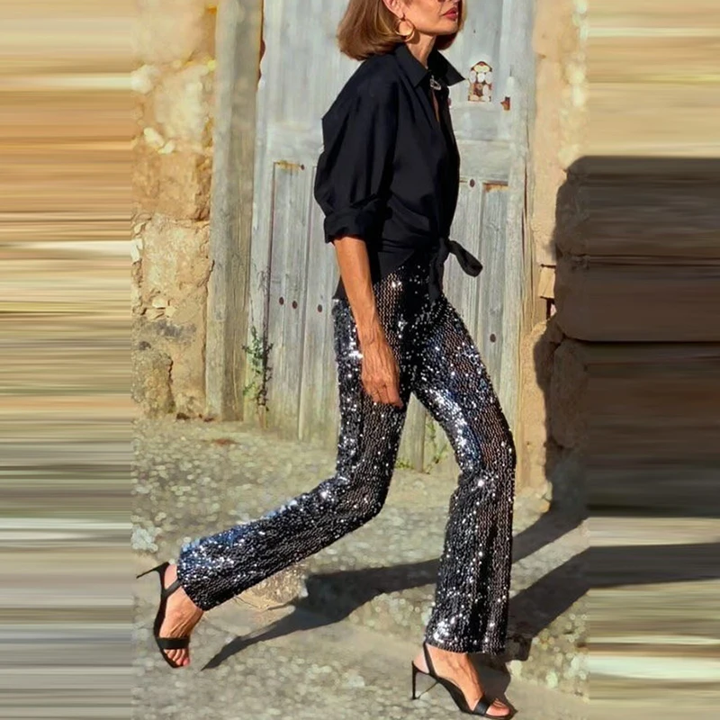 Women Elegant Elastic Waist Wide Leg Pants Casual High Street Party Trousers Fashion Shiny Sequins Slim Fit Straight Long Pants