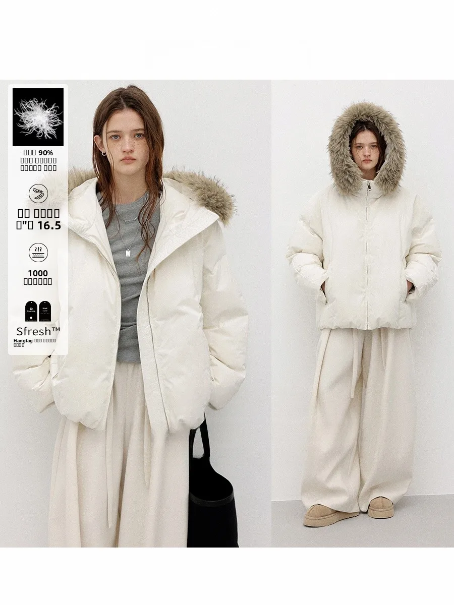 CHACHA Women's down Jaet Coat Fur Collar Windproof Warm Regular Fit White Du Feather Outerwear for Winter Commute Sle