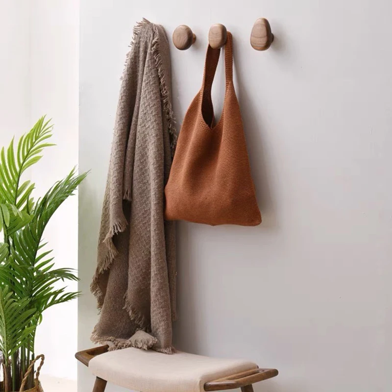 Solid Wood Handle Clothes Hook Coat Hook Wall-mounted Hook Punch-free Door Clothes Hanger Pebble Shape Cabinet Door
