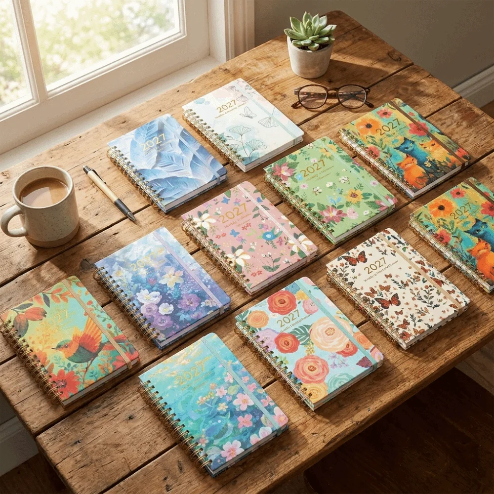A5 2027 Planner Notebook Floral Pattern Weekly & Monthly Planner A5 Agenda Book Spiral Bound with Monthly Tabs Inner Pocket