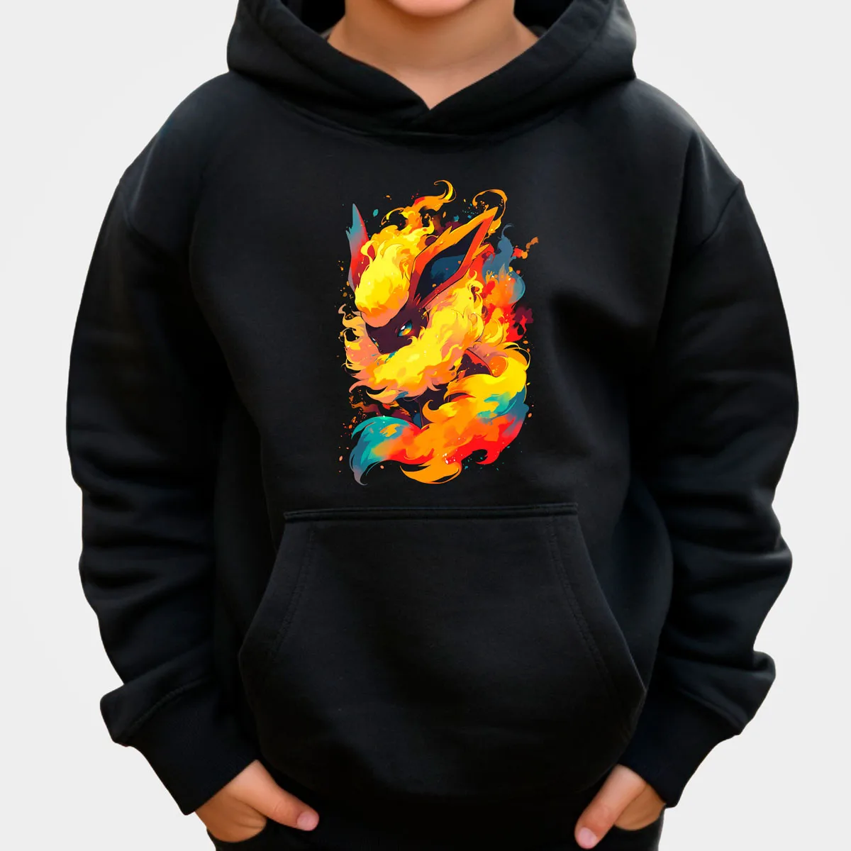 سترة بوكيمون أنيمي فلاريون القطنية ذات القلنسوة باللون الأسود مع تصميم لهب متعدد الألوان فضفاضة تناسب دفء الخريف والشتاء #3