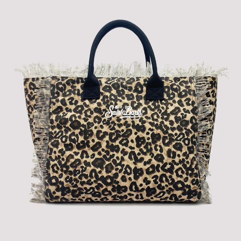 SAINT BARTHNew women\'s high-capacity leisure tourism leopard print canvas handmade tassel handbag tote bag