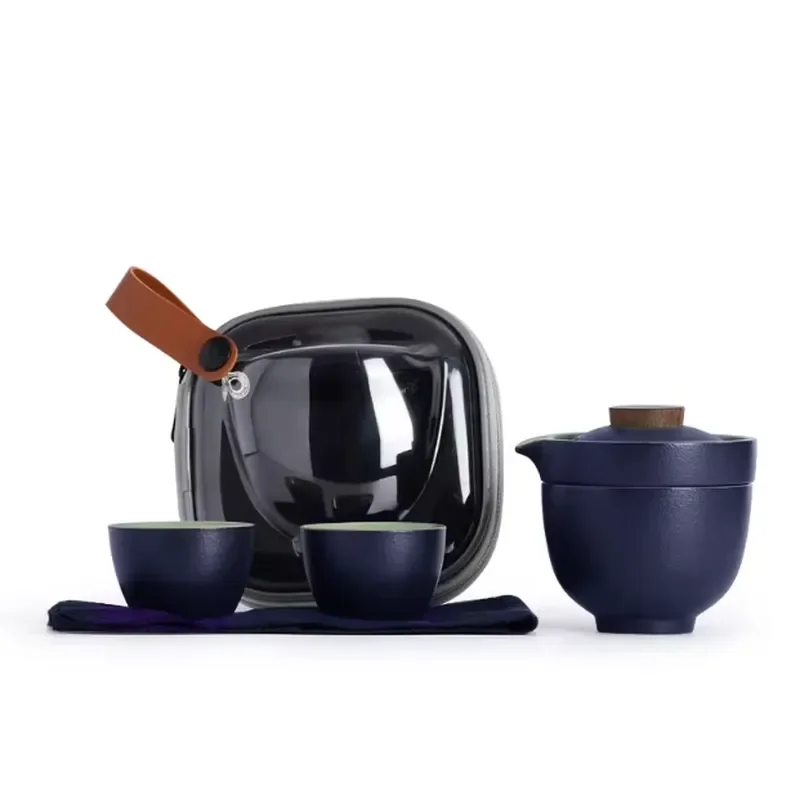 Blue Travel Tea Set with Portable Bag Custom Logo Accepted Compact Design for Outdoor Camping Hiking Picnic Gift