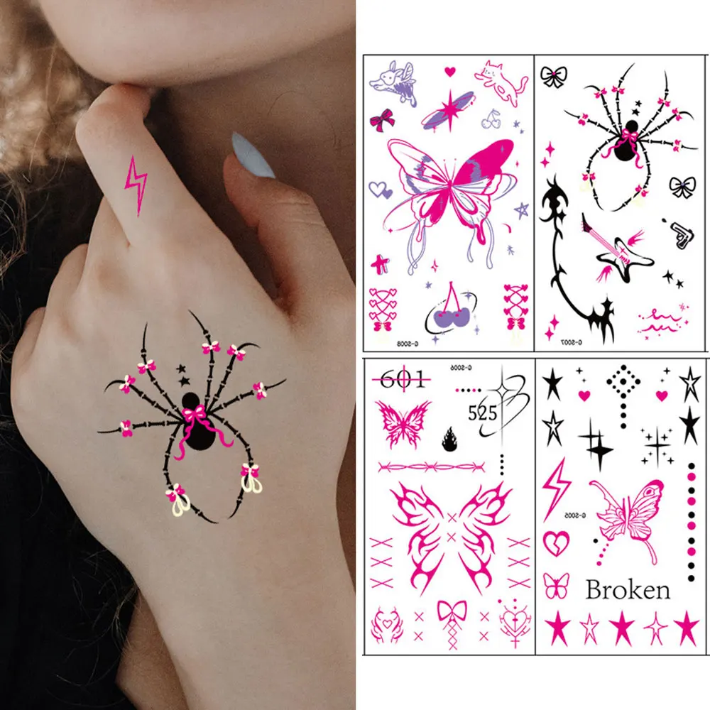 5pcs Y2K Style Temporay Tattoos for Women Butterfly Spider Fake Tattoo for Hand Chest Body Decor Waterproof Hand Finger Tattoo