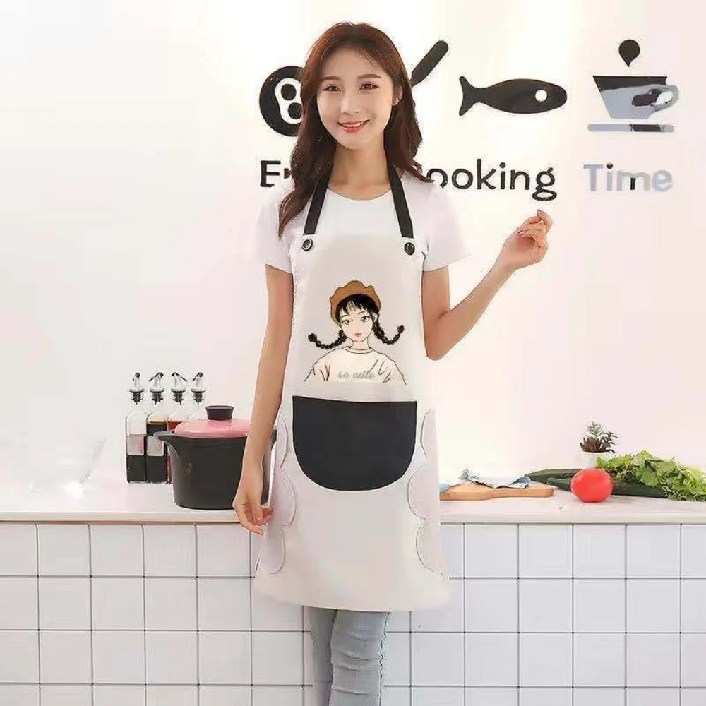 Fashion Cartoon Girl Kitchen Apron Anti-Oil Household Cooking Aprons Baking Accessories Waterproof Wipe Hand Apron for Women