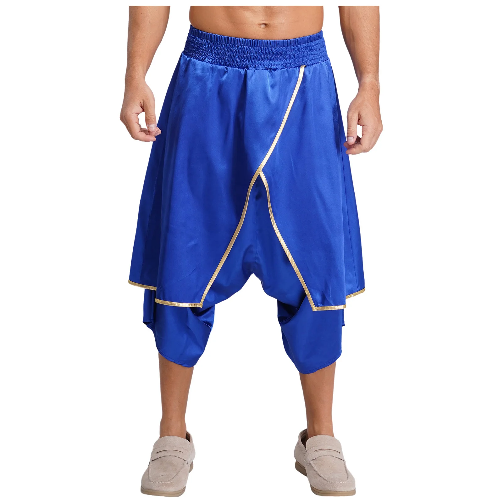 

Mens Arab Hippie Harem Pants Halloween Party Arabian Prince Cosplay Costume Metallic Trim Loose Lantern Pants Satiny Dhoti Pants