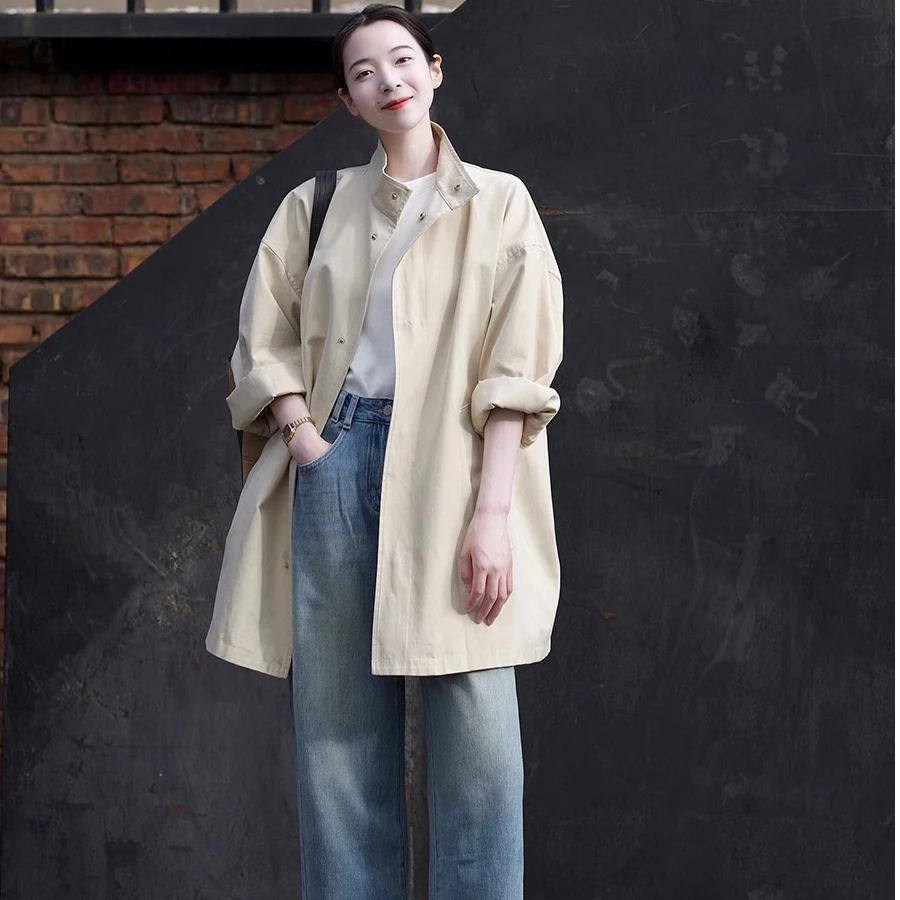 Japanese Style Casual Women's Coat Korean Version Pure Color Commute Long Sleeve Mid-Length Loose Fit Windbreaker