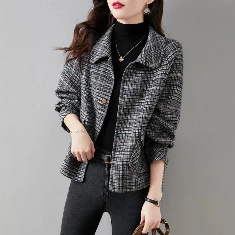 Frauen Mode Plaid Anzug Revers Jacke weibliche Slim Fit Langarm solide Caot Freizeit kleidung