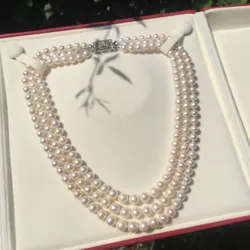 Three Layer 6-9mm Graduated Natural South Sea Real Pearl Necklace 18-20 Inches Exclusive Silver Square Clasp