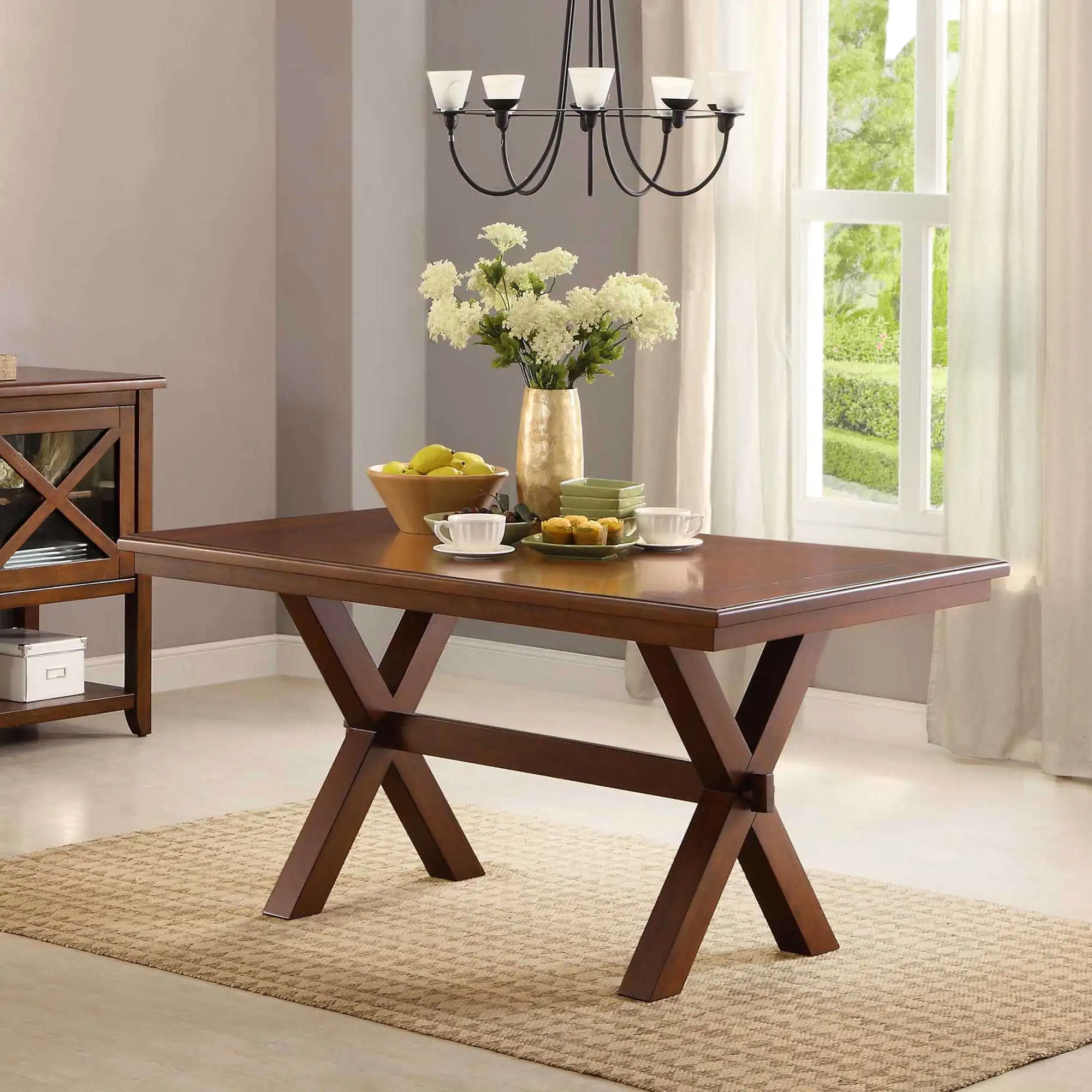 Dining Table Brown Finish Sturdy Construction Features Two Pairs of Crossed Legs Easy Assembly Sturdy Construction