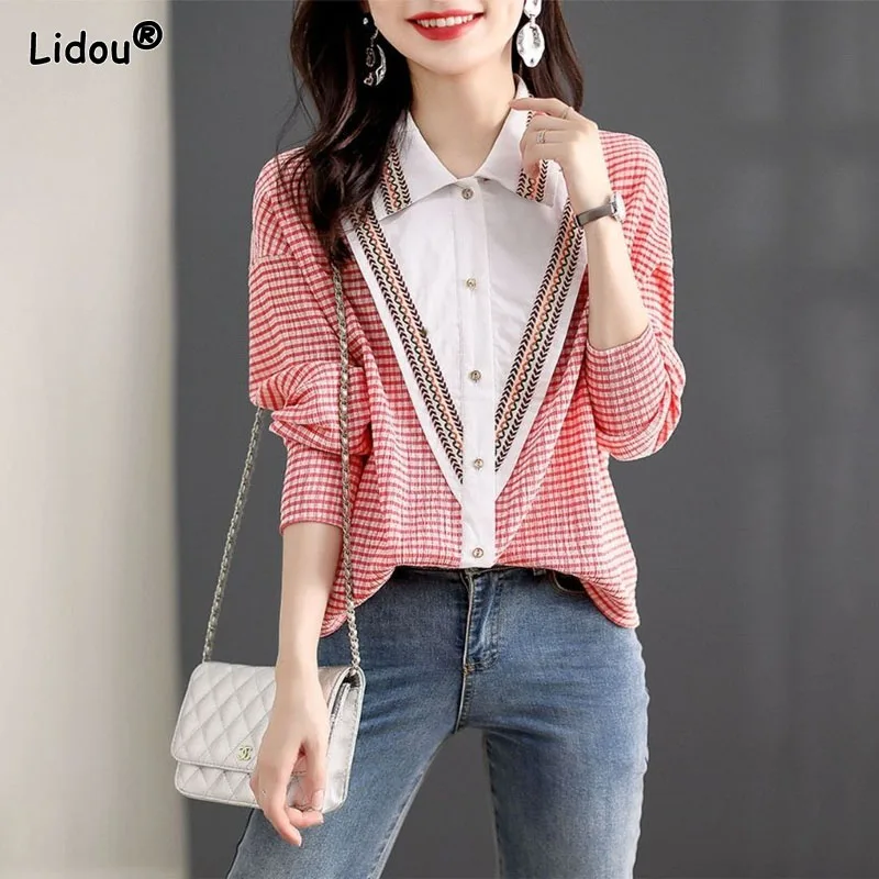 

Thin Cotton Single Breasted Slim Women Shirt Spring Autumn Striped Polo-neck Patchwork Long Sleeve Casual Wild Women's Clothing