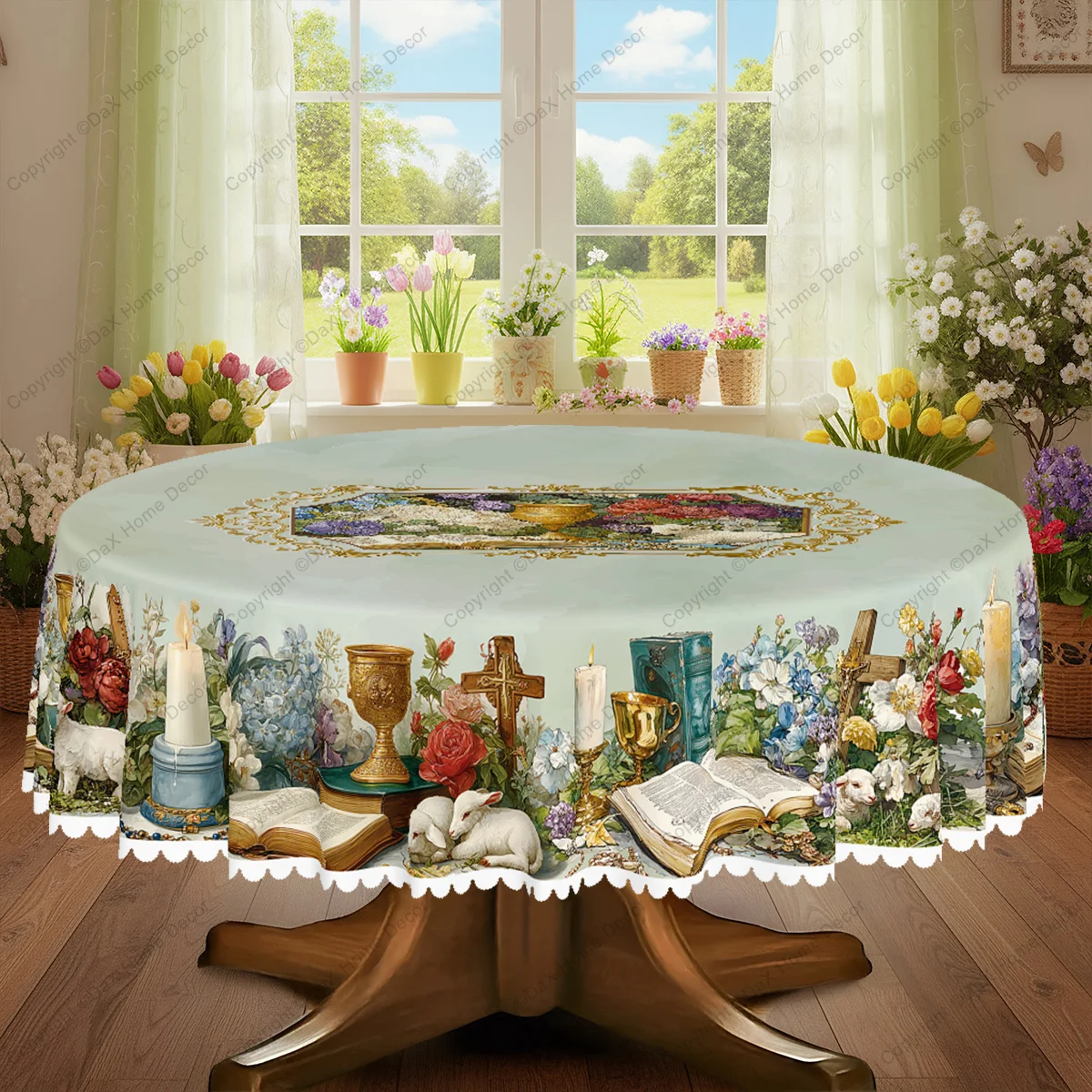 1 piece, Christian-themed tablecloth, cross, Holy Grail, Bible, rosary, vintage bouquet and floral pattern