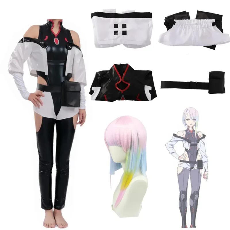 أزياء أنيمي Cyberpunk Edgerunners لوسي التأثيرية بدلة قفز سترة شعر مستعار بدلة كاملة أزياء الهالوين للنساء