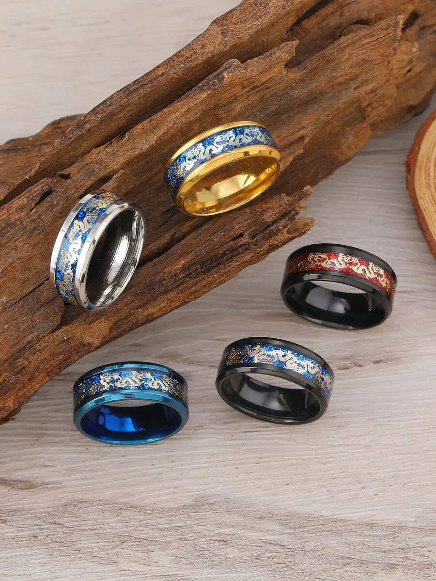 5pcs Stainless Steel Rings for Men, Chinese Dragon Pattern Wedding Band Set
