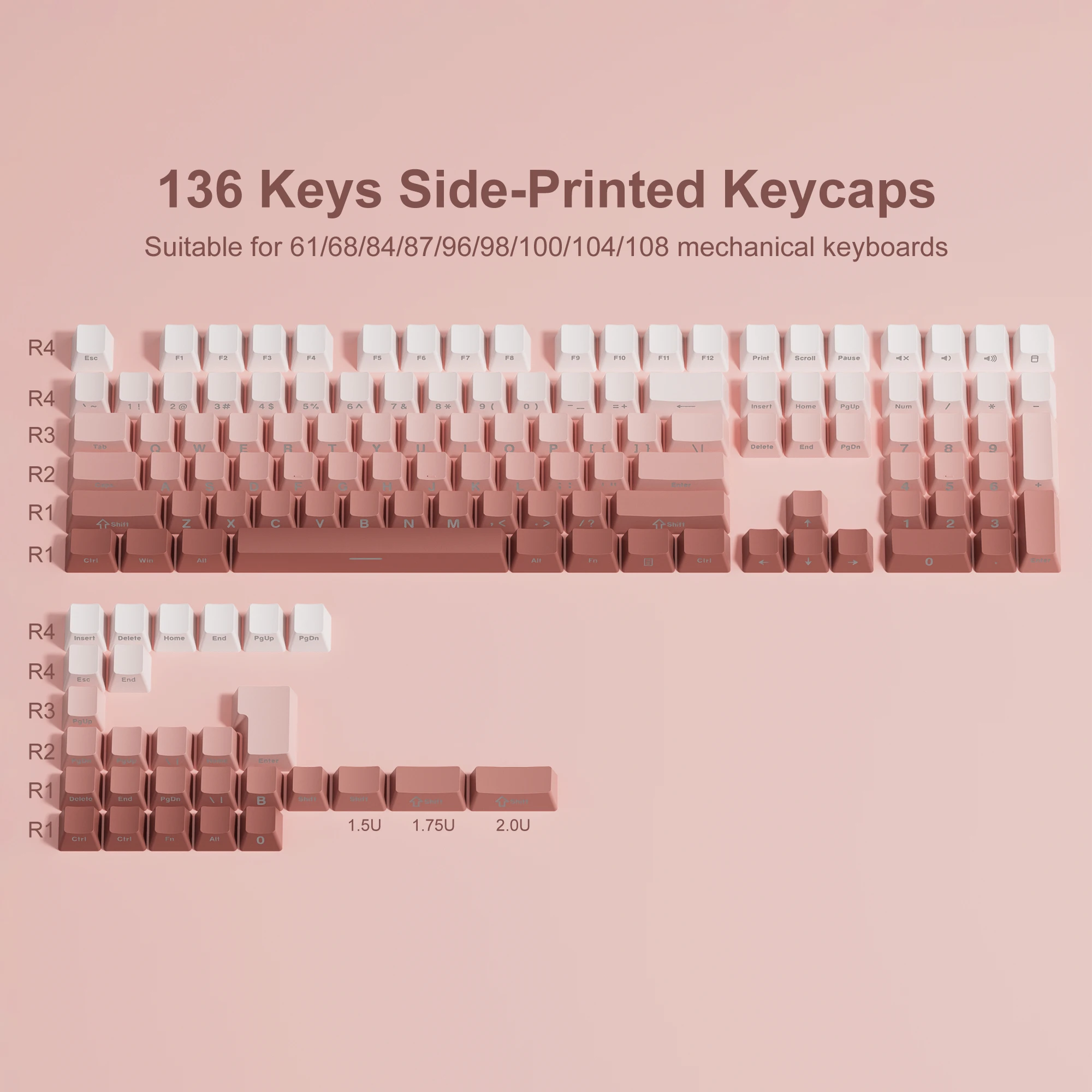 Gradient Blush Side Print Shine Through Keycaps Double Shot PBT Keycaps Cherry Profile 136 Keys for MX Switches Gaming Keyboard