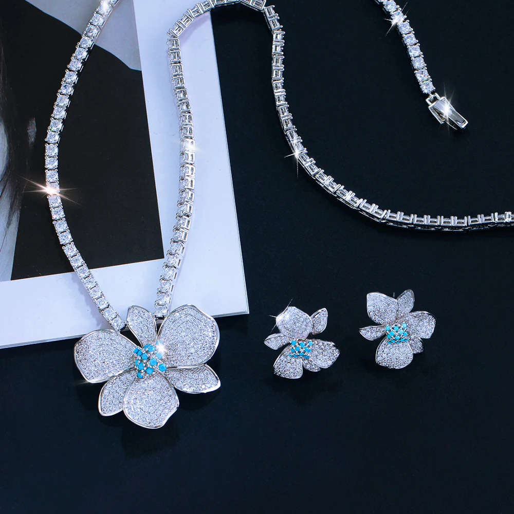 Pera Luxury Big Blue Turquoise Flower Necklace and Earrings Sparkling CZ Jewelry Sets for Bridal Wedding Evening Party J086