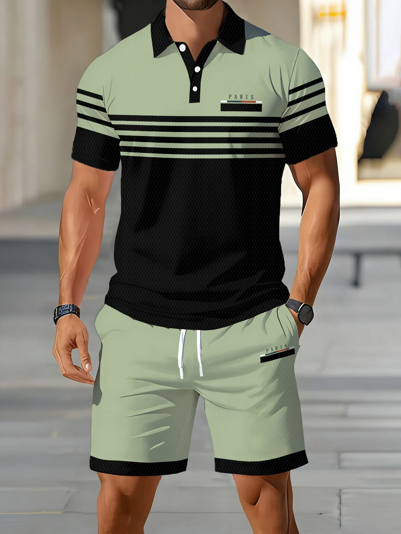 

Men's Green Black Striped Paris Printed Polo Shirt and Shorts Two-piece Quick Drying Casual Sportswear Set