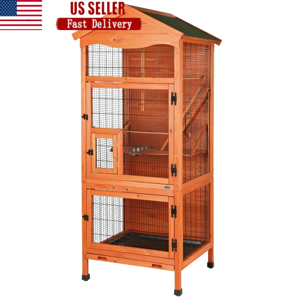 

Large 70" Wooden Birdcage Indoor Outdoor Multi-Door Habitat with 2 Perches Climbing Frame Feeding Tray Easy Cleaning