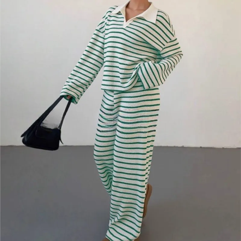 

Комплект из 2 предметов для женщин, осенне-зимний комплект в полоску с лацканами, свободные комплекты, модный простой комплект Daiy для офиса, женский Outfi