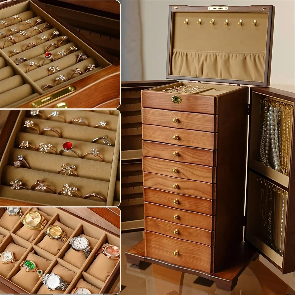 YB 10-Layers Large Wooden Jewelry Box Storage Earring Organizer Display for Bracelet Double door design Jewelry Organizer Box