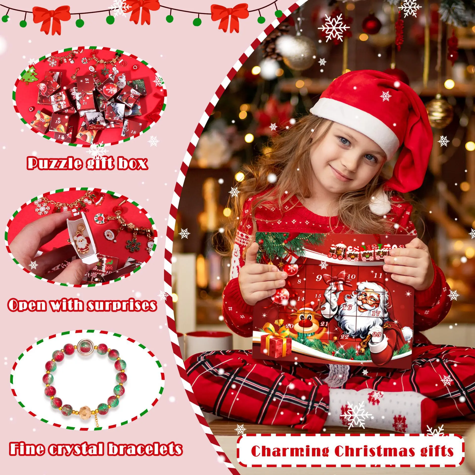 Kit per la creazione di gioielli fai-da-te 2024 Bracciale con calendario di Natale di Natale 24 giorni Set di braccialetti con calendario per il conto alla rovescia di Natale Capodanno