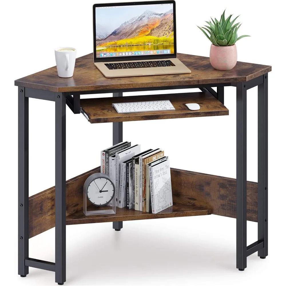 مكتب زاوية، مكتب كمبيوتر مثلث، مكتب صغير، محطة عمل بإطار فولاذي قوي مع صينية لوحة مفاتيح ناعمة ورف تخزين