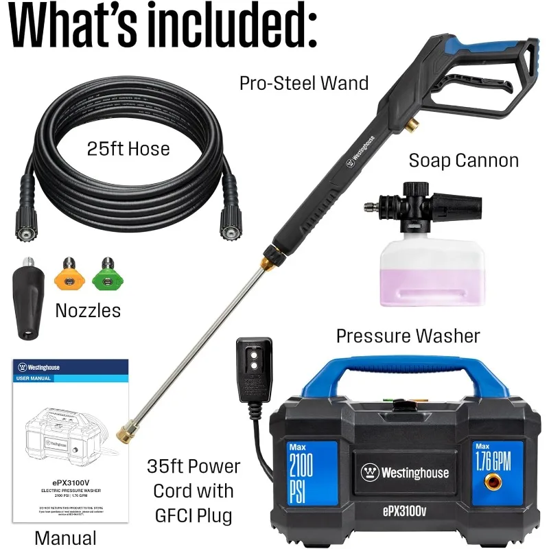 Westinghouse ePX3100v Electric Pressure Washer, 2100 Max PSI 1.76 Max GPM, Built-in Carry Handle, Foam Cannon, 4-Nozzle Set