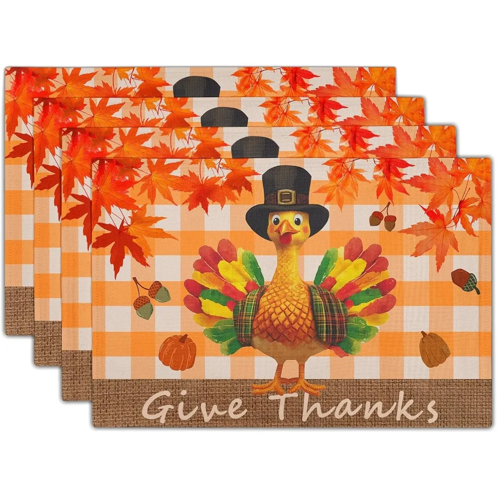 Thanksgiving Placemats Set Of 4, Give Thanks Turkey Place Mat With Orange Bufflao Plaids, Fall Autumn Maple Leaf Pumpkins
