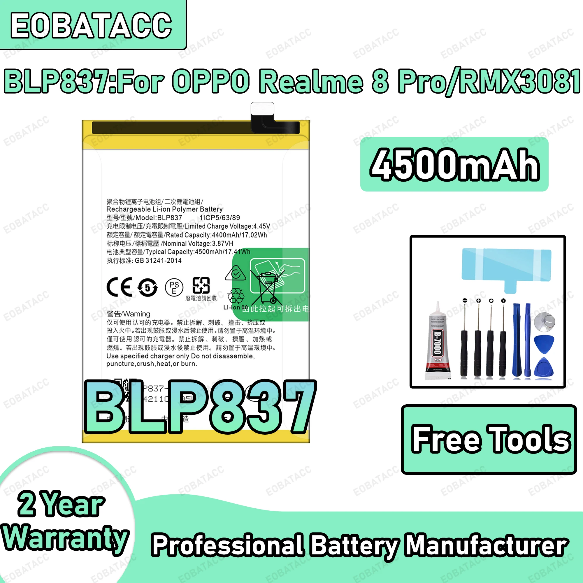 

4500mAh 100% New BLP837 Battery For OPPO Realme 8 Pro/RMX3081 Replacement Bateria+Free Tools