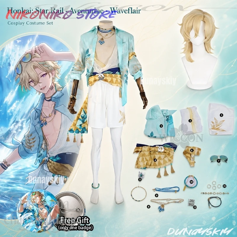 Новый летний комплект Aventurine Waveflair: костюм для косплея на Хэллоуин, аниме-униформа, купальник, пальто, брюки, парики, игра Honkai Star Rail.