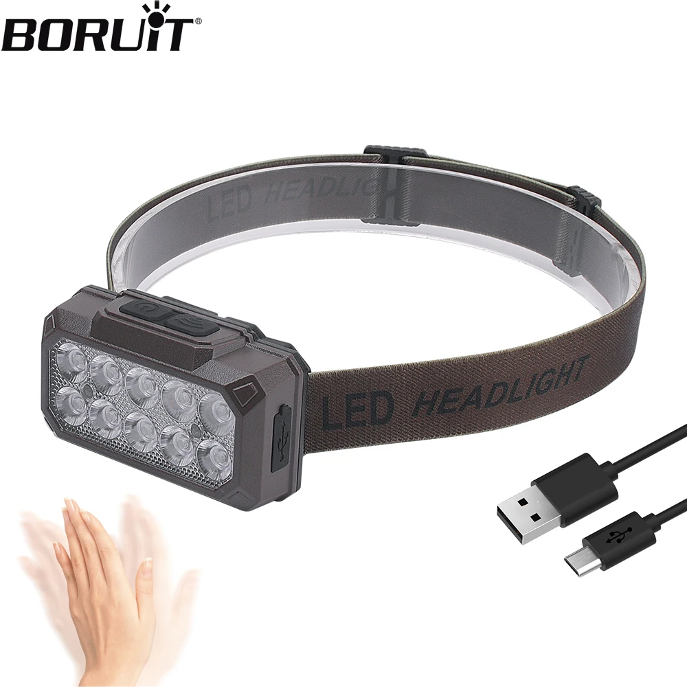 BORUiT Motion Sensor LED Headlamp Type-C Rechargeable Waterproof Head Flashlight Built-in Battery Outdoor Camping & Fishing Lamp