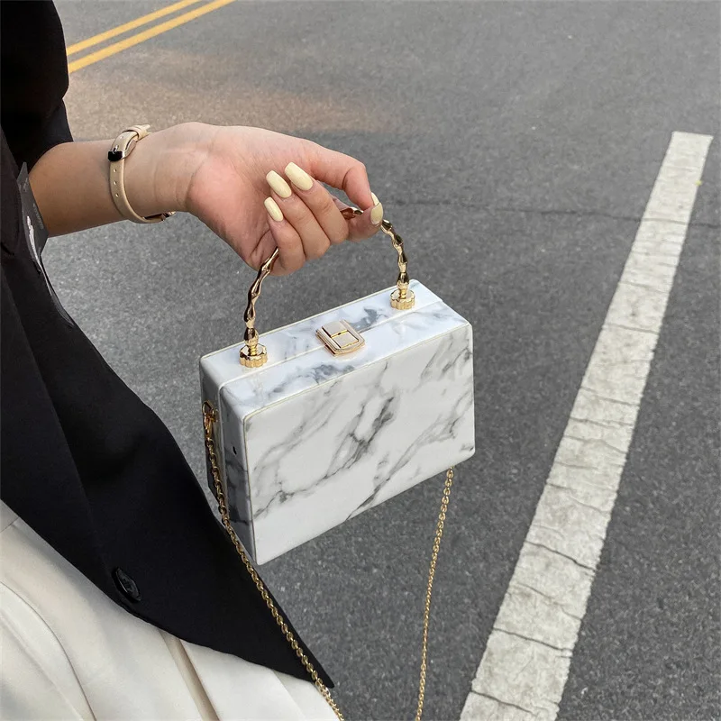 Women Acrylic Box Shoulder Bag Fashion Marble Pattern Chain Bag Women\'s  Matal Hadle Clutch Evening Bag