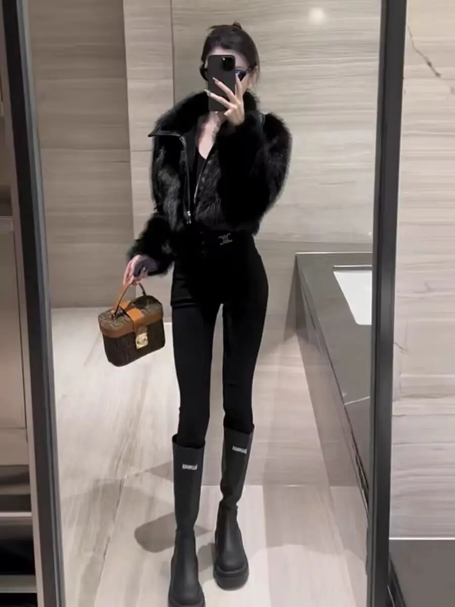 

Faux Fur Neck Coat Coats Womens Snow Thickened Leather Solid Hem Shearling Windproof Slimming Vintage Stylish Straight Pure Slim