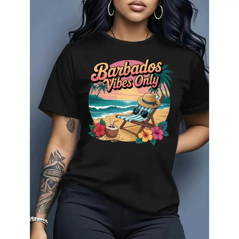

Barbados Vibes T-shirt Women Summer Holiday Graphic Tee Tropical Beach Vacation Top Casual Cotton Short Sleeve