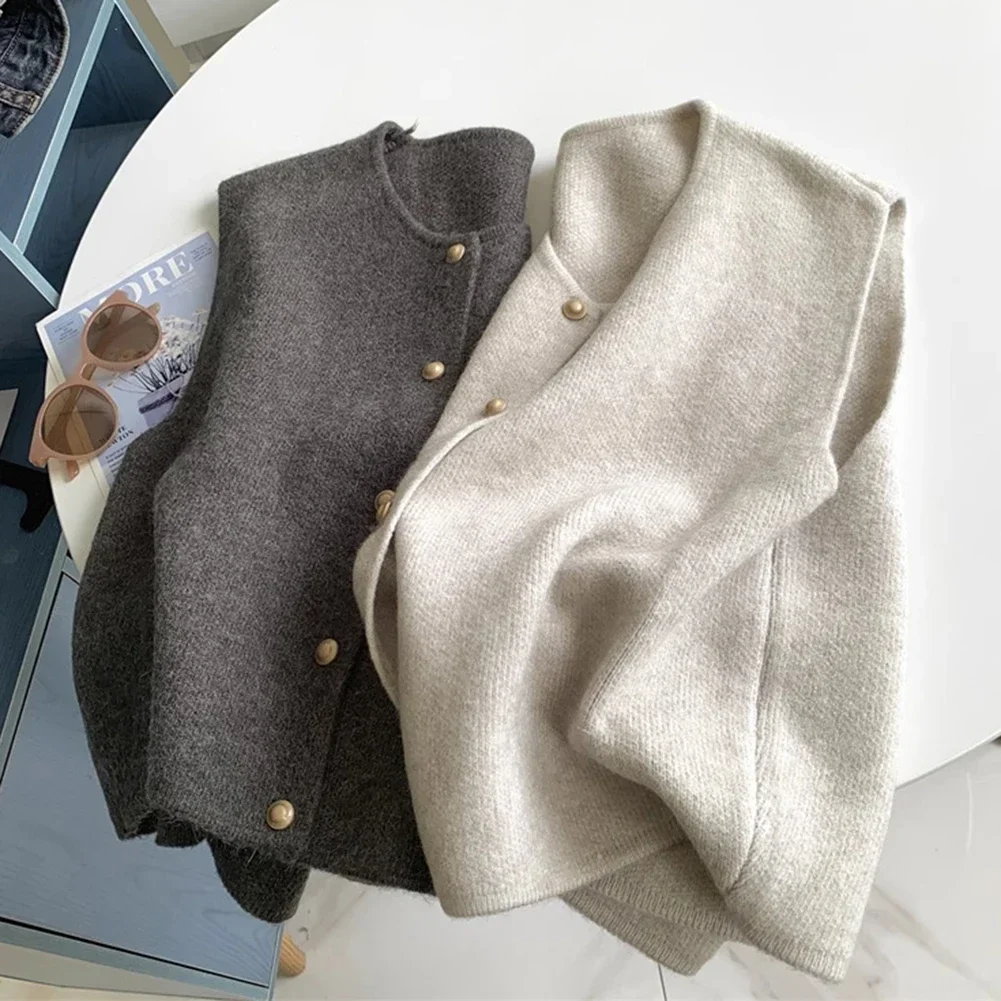 المرأة الصلبة زر الخامس الرقبة سترة بلا أكمام سترة محبوكة سترة سترة أعلى خريف شتاء الكورية السيدات الزي #4