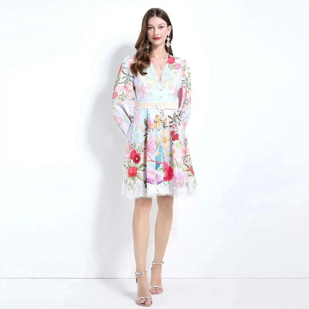 Luxury Floral Dress Women 2025 Summer Holiday Printed Flower Short Dresses Party Single Breasted Lace Hem Evening Vestidos