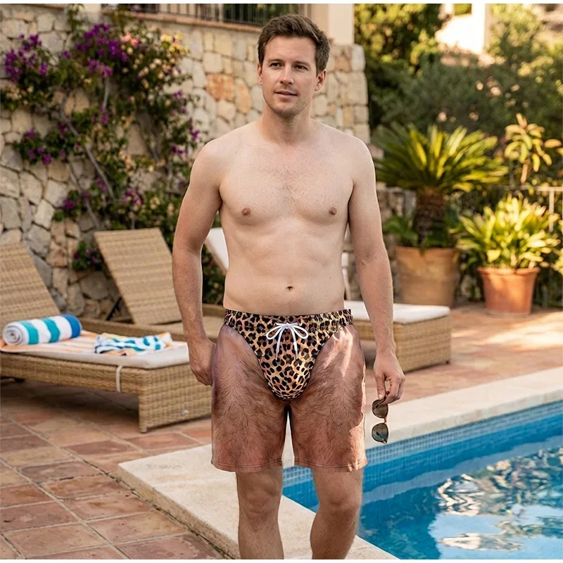 Neuartige Herren-Badeshorts mit 3D-Druck, Fake-Hairy-Leg-Effekt, Leopardenmuster, Kordelzug, Schnelltrocknend, Strand-Boardshorts, Sommer-Urlaubs-Badebekleidung – Detail 6