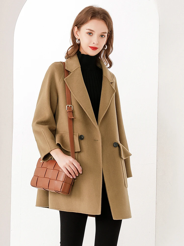 

Двубортное двустороннее шерстяное пальто цвета кэмел для женщин, средней длины, класса люкс, модное, для повседневной носки, с кружевным декором