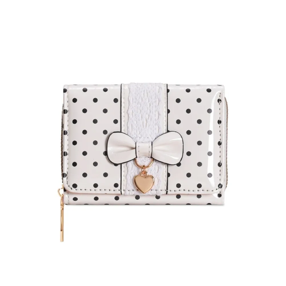 New PU Wallet Tri-Fold Wallet Glossy Finish Polka Dot Pattern Coin Purse PU Bow Decoration Money Purse Women's Wallet
