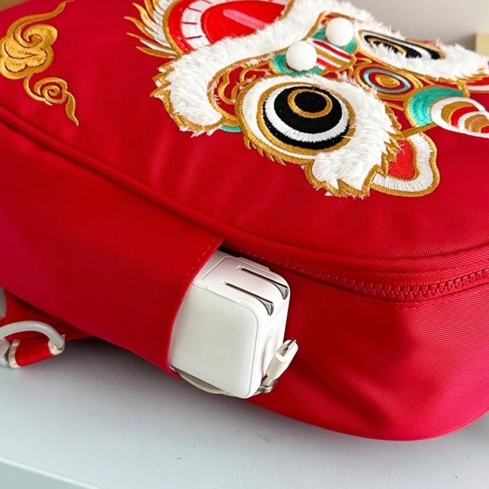 Vintage Lion Doll Backpack Lion Dance Pattern Chinese Style Book Bag Under 20L Large Capacity Student Backpack
