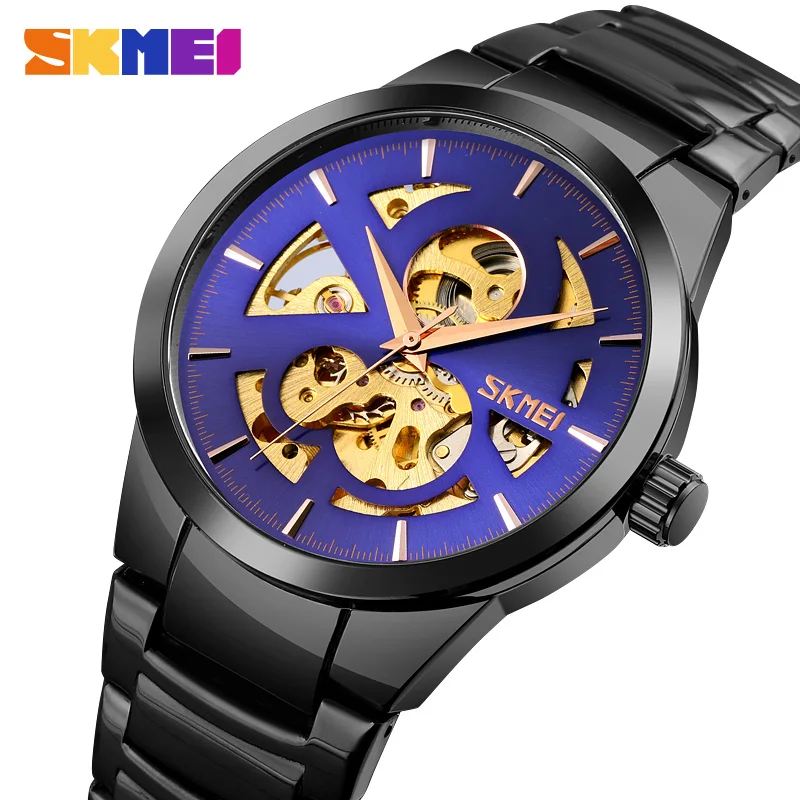 SKMEI-Montre-bracelet automatique pour homme, montre mécanique de luxe, acier inoxydable creux, montres étanches pour homme, marque originale